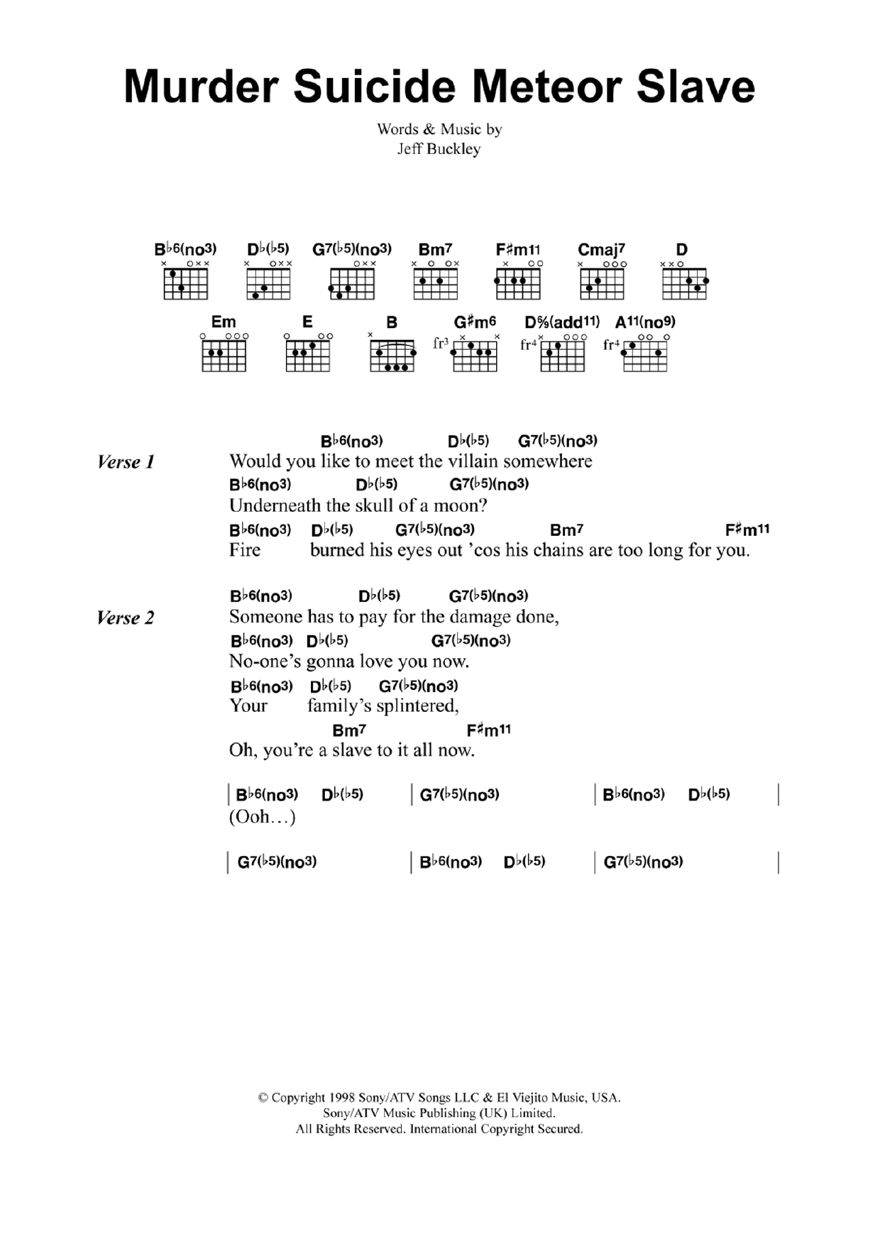 Jeff Buckley Murder Suicide Meteor Slave sheet music notes and chords arranged for Guitar Chords/Lyrics