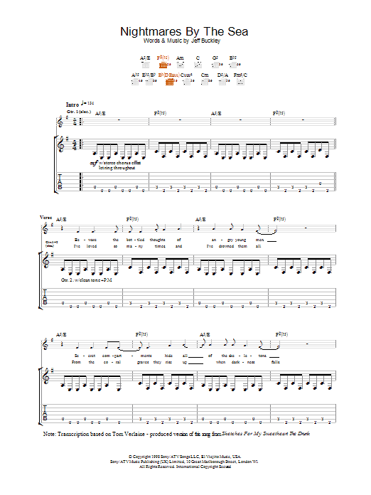 Jeff Buckley Nightmares By The Sea sheet music notes and chords arranged for Guitar Tab