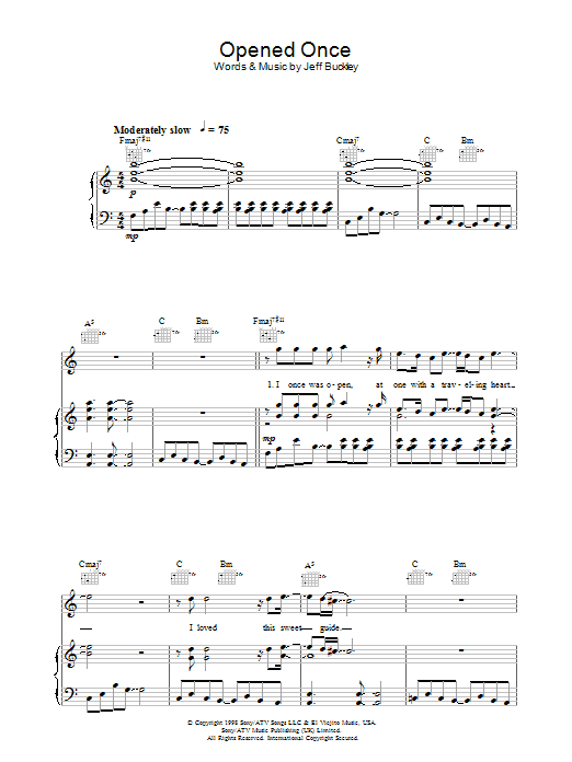Jeff Buckley Opened Once sheet music notes and chords arranged for Piano, Vocal & Guitar Chords