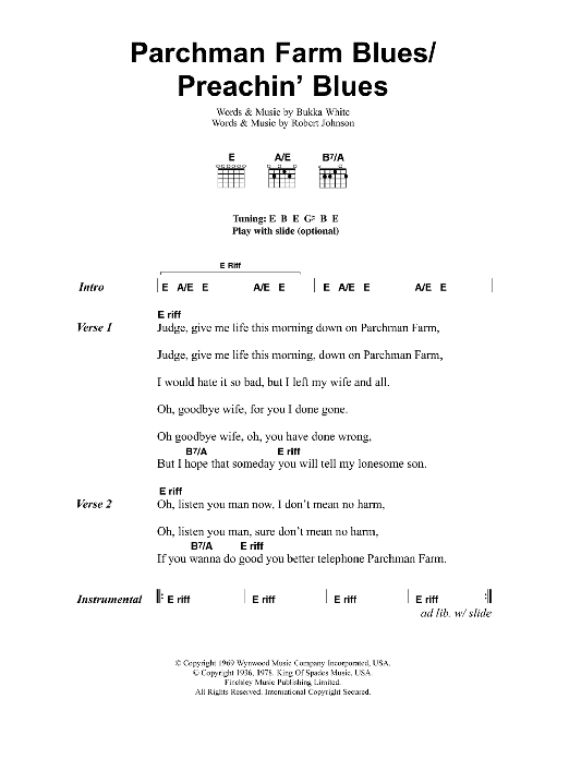 Jeff Buckley Parchman Farm Blues/Preachin' Blues sheet music notes and chords arranged for Guitar Chords/Lyrics
