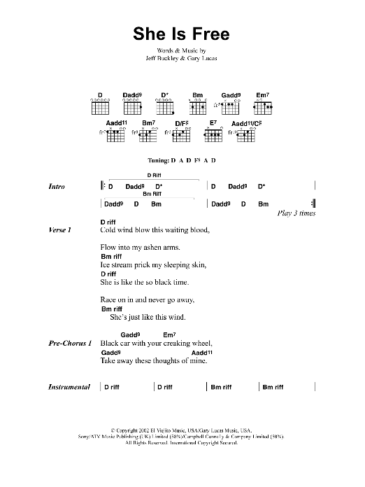 Jeff Buckley She Is Free sheet music notes and chords arranged for Guitar Chords/Lyrics