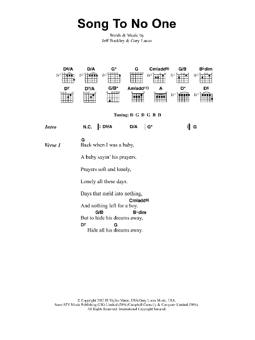 Jeff Buckley Song To No One sheet music notes and chords arranged for Guitar Chords/Lyrics
