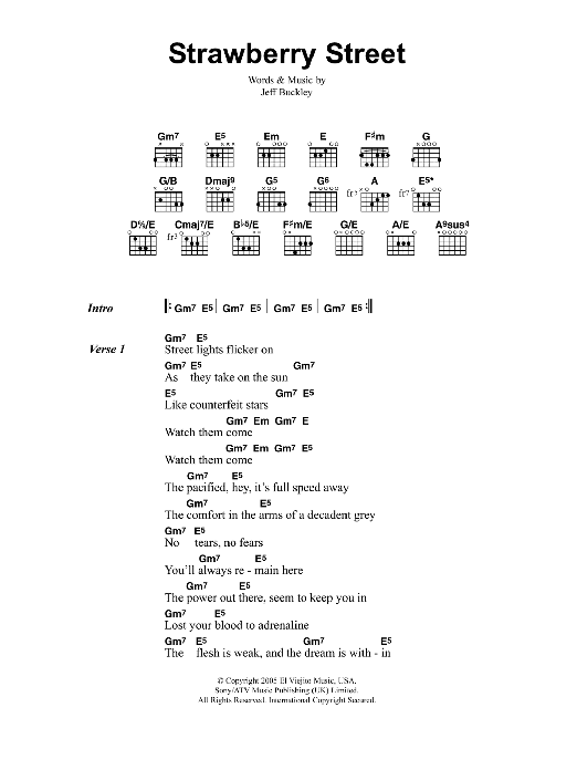 Jeff Buckley Strawberry Street sheet music notes and chords arranged for Guitar Chords/Lyrics