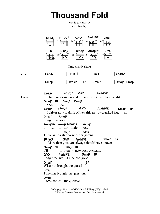 Jeff Buckley Thousand Fold sheet music notes and chords arranged for Guitar Chords/Lyrics