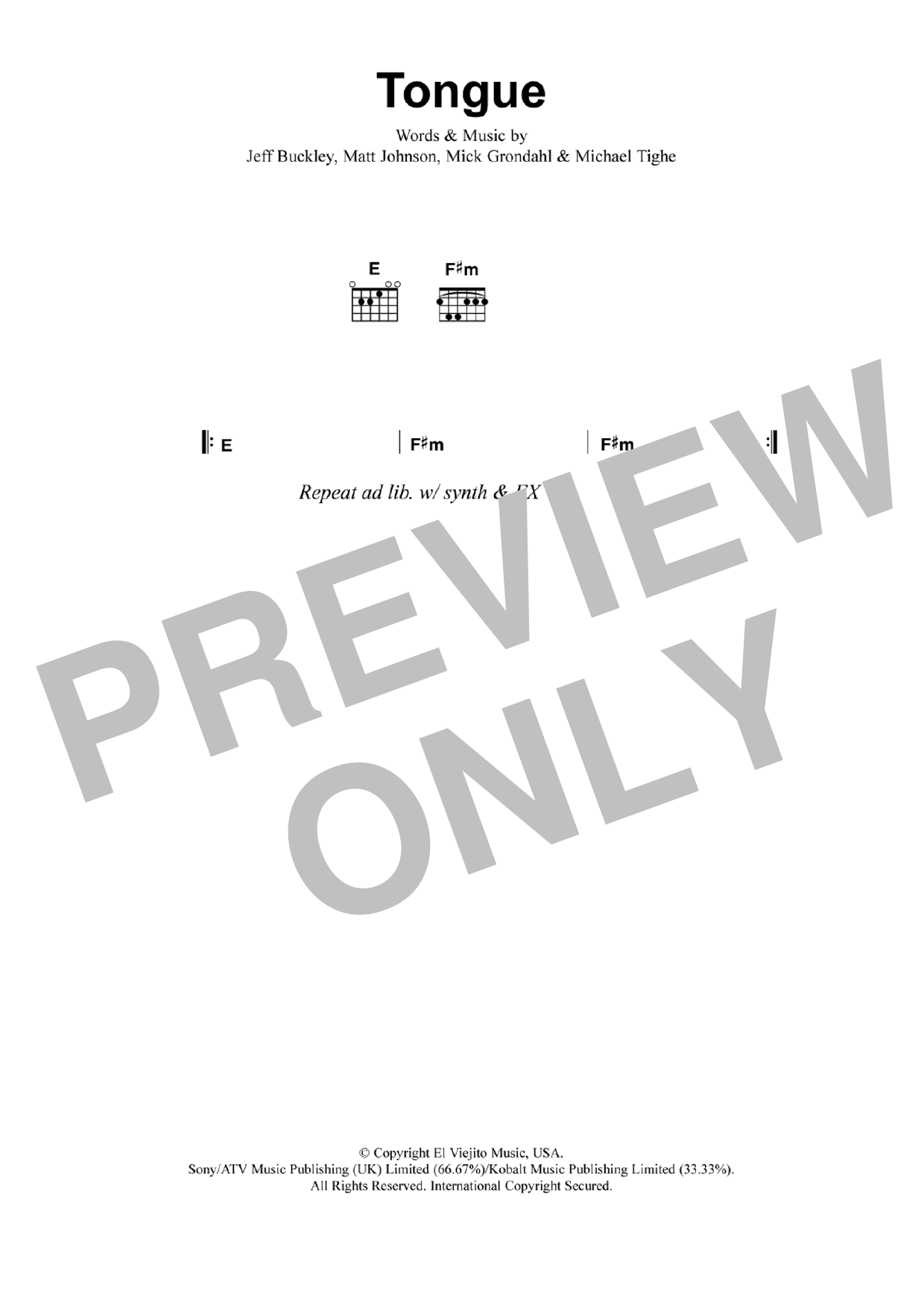 Jeff Buckley Tongue sheet music notes and chords arranged for Guitar Chords/Lyrics