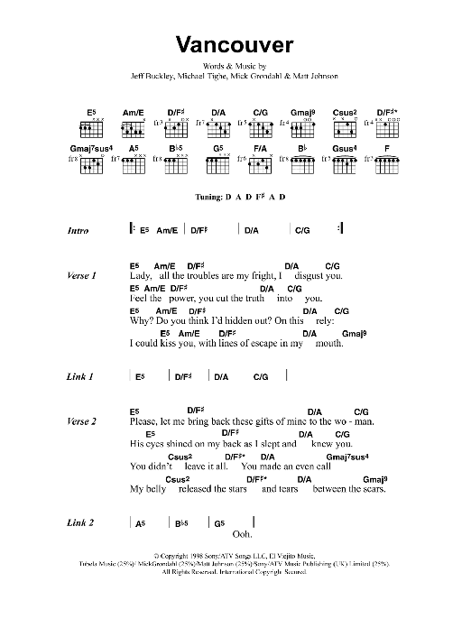 Jeff Buckley Vancouver sheet music notes and chords arranged for Guitar Chords/Lyrics