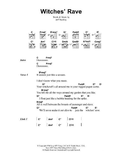Jeff Buckley Witches' Rave sheet music notes and chords arranged for Guitar Chords/Lyrics