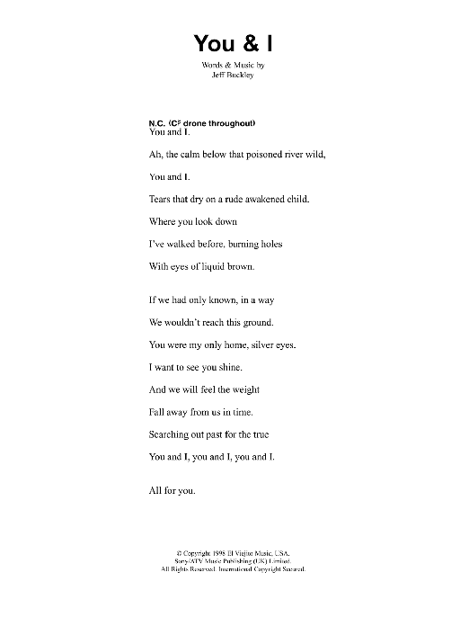 Jeff Buckley You And I sheet music notes and chords arranged for Guitar Chords/Lyrics