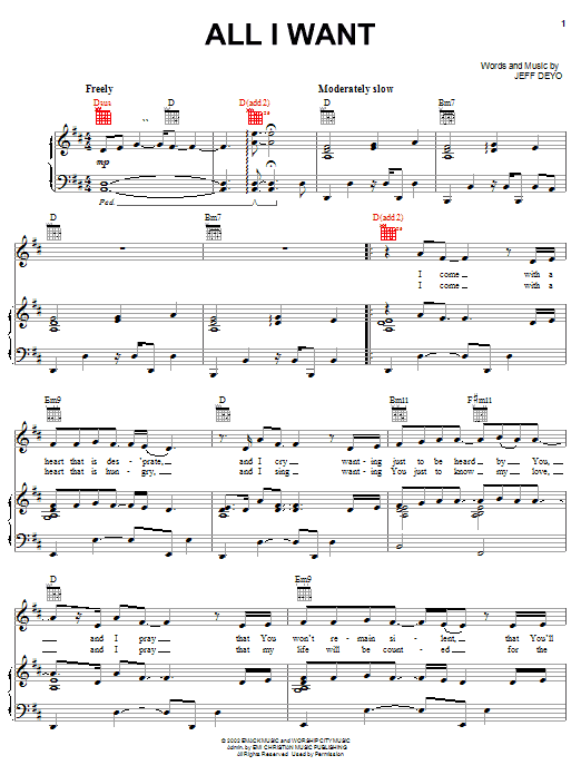 Jeff Deyo All I Want sheet music notes and chords arranged for Piano, Vocal & Guitar Chords (Right-Hand Melody)