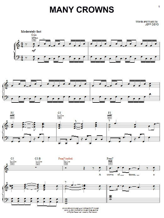 Jeff Deyo Many Crowns sheet music notes and chords arranged for Piano, Vocal & Guitar Chords (Right-Hand Melody)