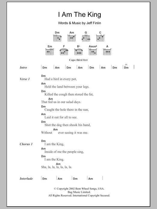 Jeff Finlin I Am The King sheet music notes and chords arranged for Guitar Chords/Lyrics