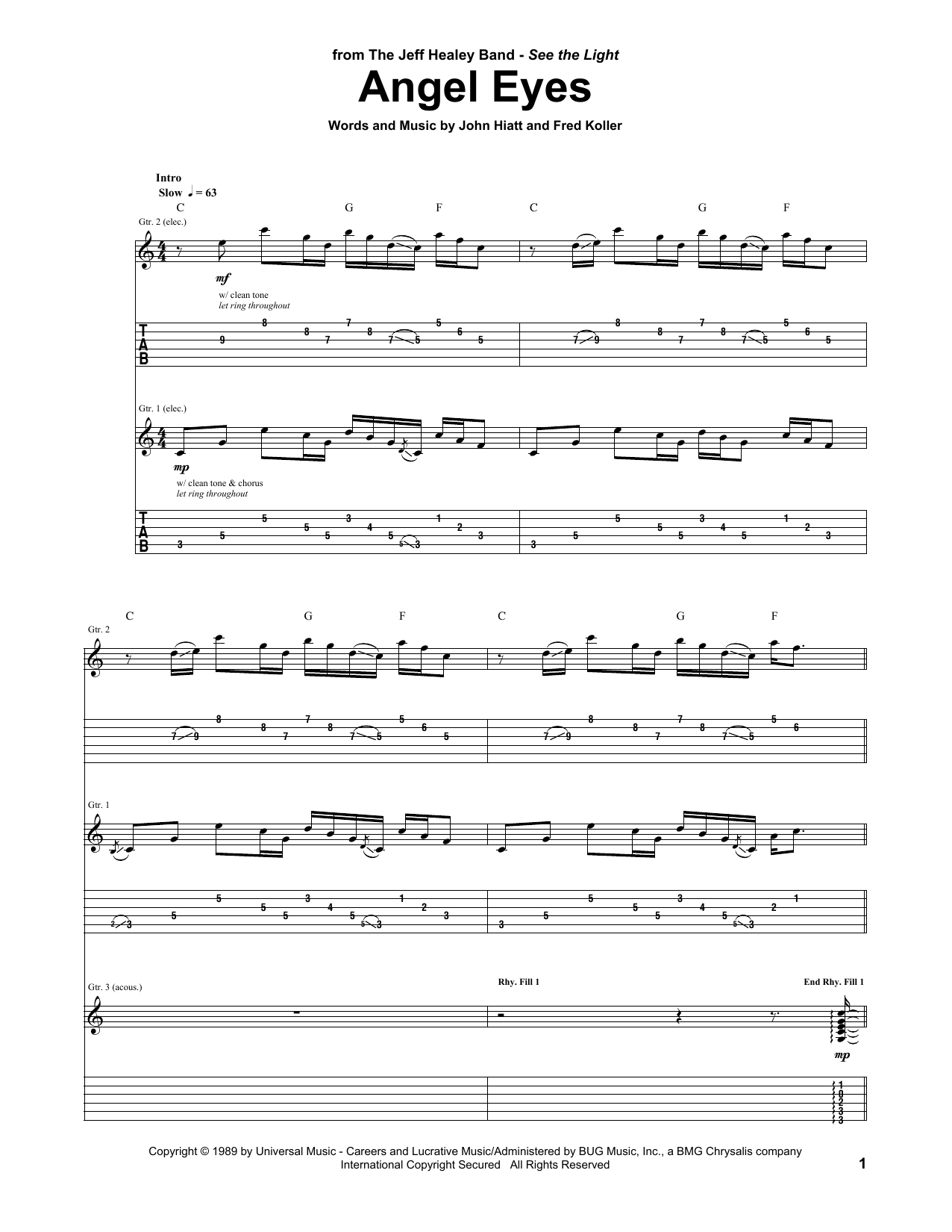 Jeff Healey Band Angel Eyes sheet music notes and chords arranged for Guitar Tab