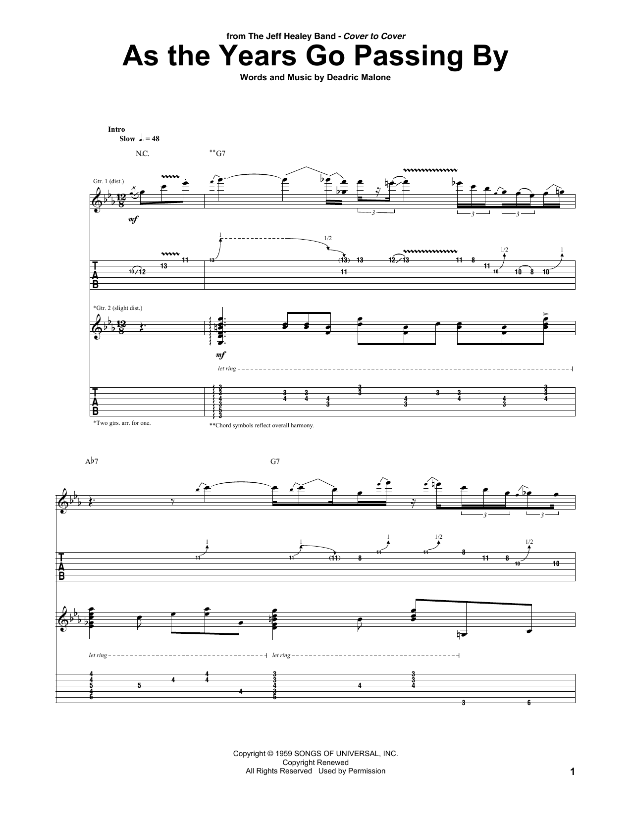 Jeff Healey Band As The Years Go Passing By sheet music notes and chords arranged for Guitar Tab (Single Guitar)