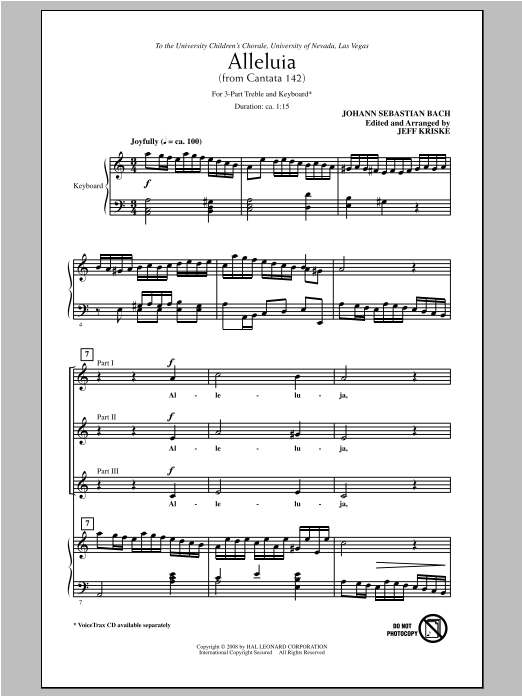 Jeff Kriske Alleluia From Cantata 142 sheet music notes and chords arranged for 3-Part Treble Choir