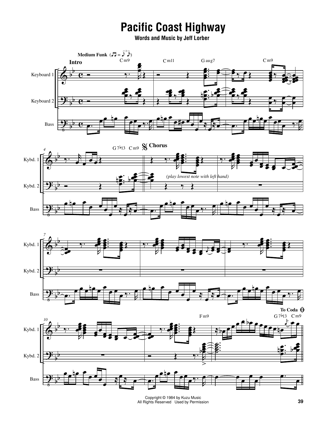 Jeff Lorber Pacific Coast Highway sheet music notes and chords arranged for Piano Transcription