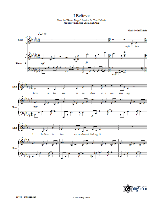 Jeff Marder I Believe sheet music notes and chords arranged for Piano, Vocal & Guitar Chords (Right-Hand Melody)
