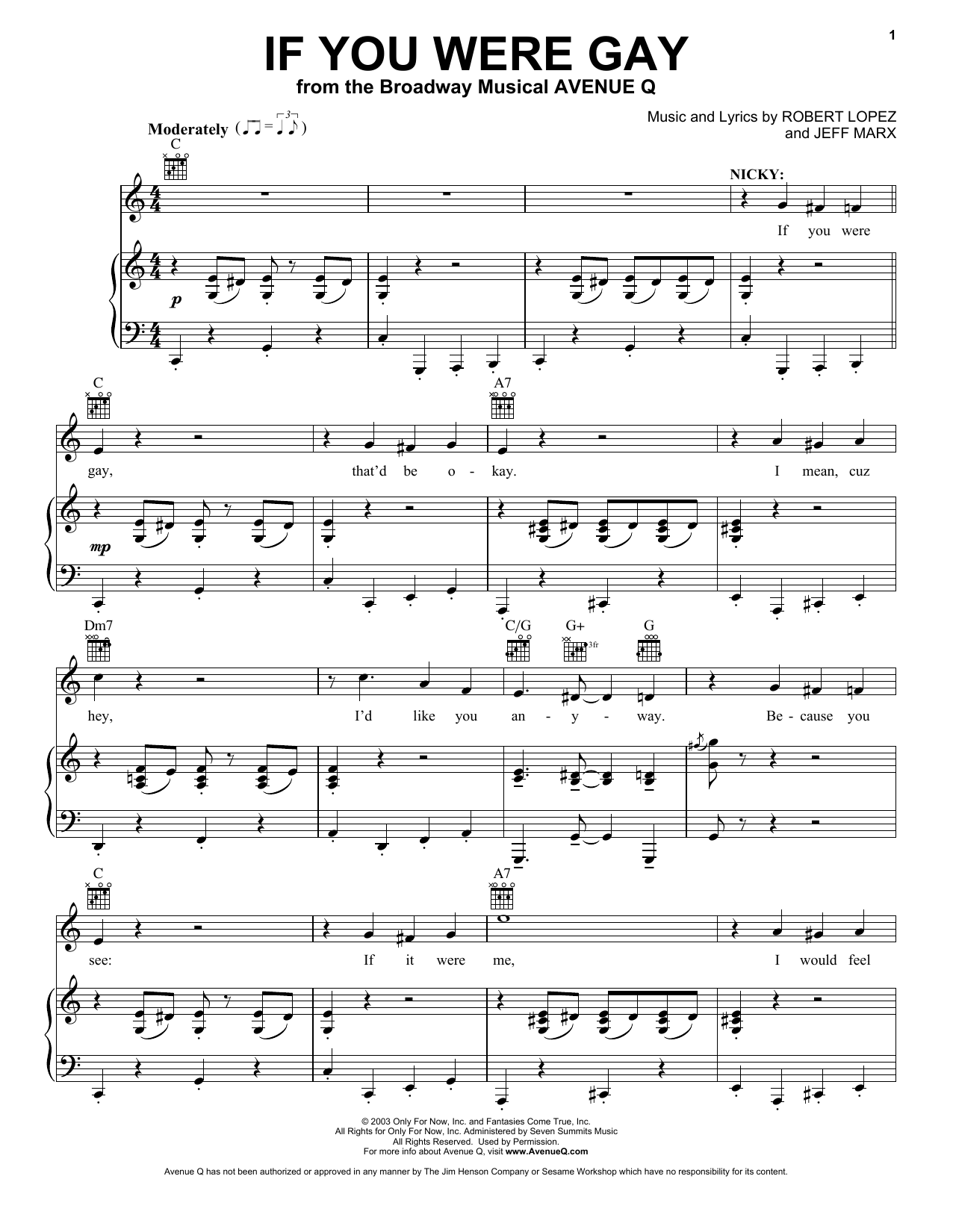 Jeff Marx and Robert Lopez If You Were Gay (from Avenue Q) sheet music notes and chords arranged for Vocal Pro + Piano/Guitar