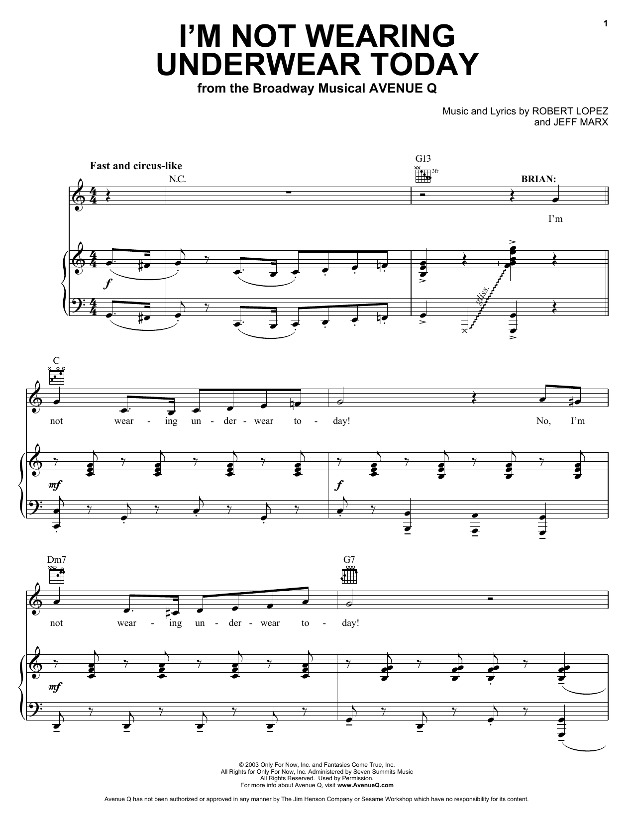 Jeff Marx and Robert Lopez I'm Not Wearing Underwear Today (from Avenue Q) sheet music notes and chords arranged for Vocal Pro + Piano/Guitar