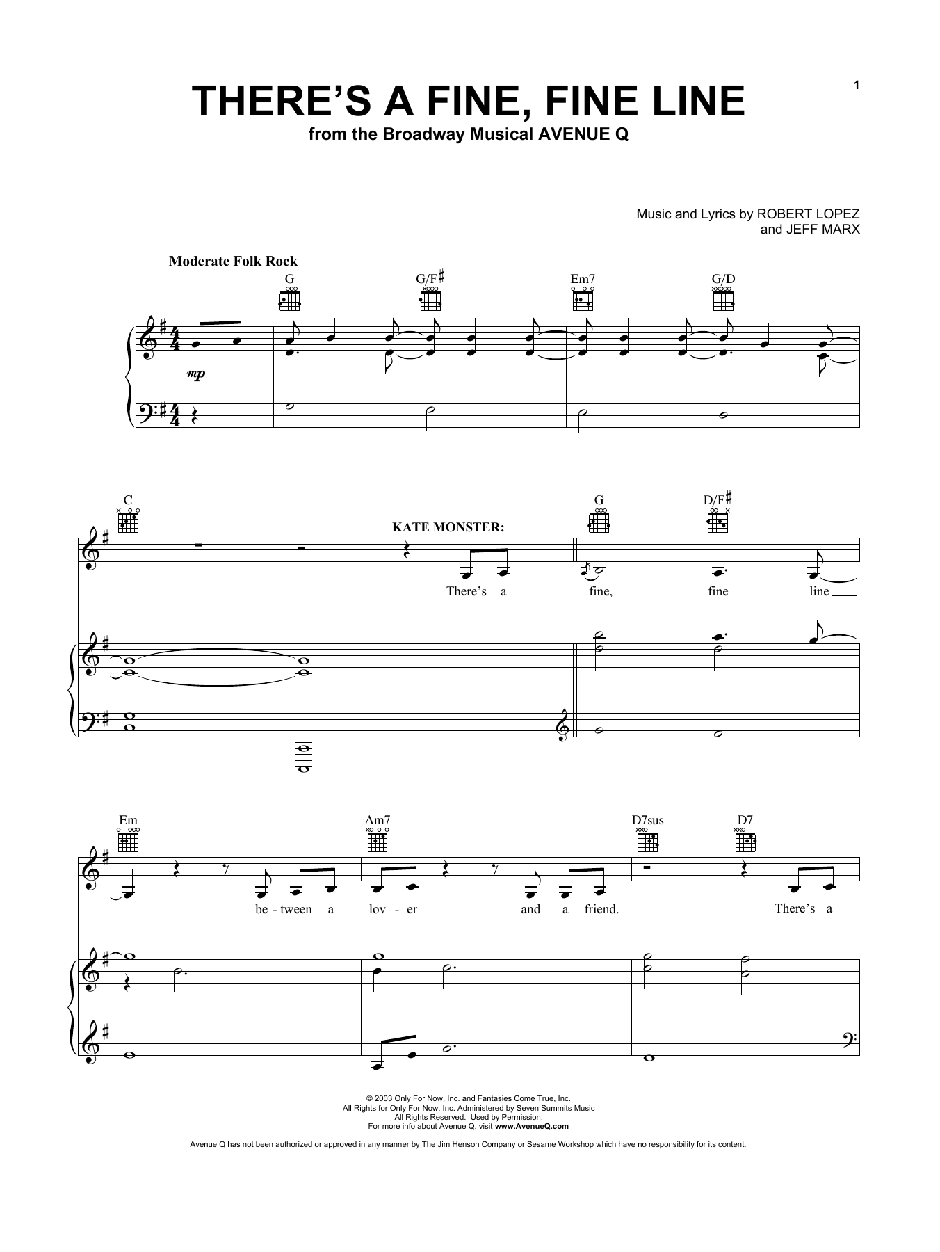 Jeff Marx and Robert Lopez There's A Fine, Fine Line (from Avenue Q) sheet music notes and chords arranged for Vocal Pro + Piano/Guitar