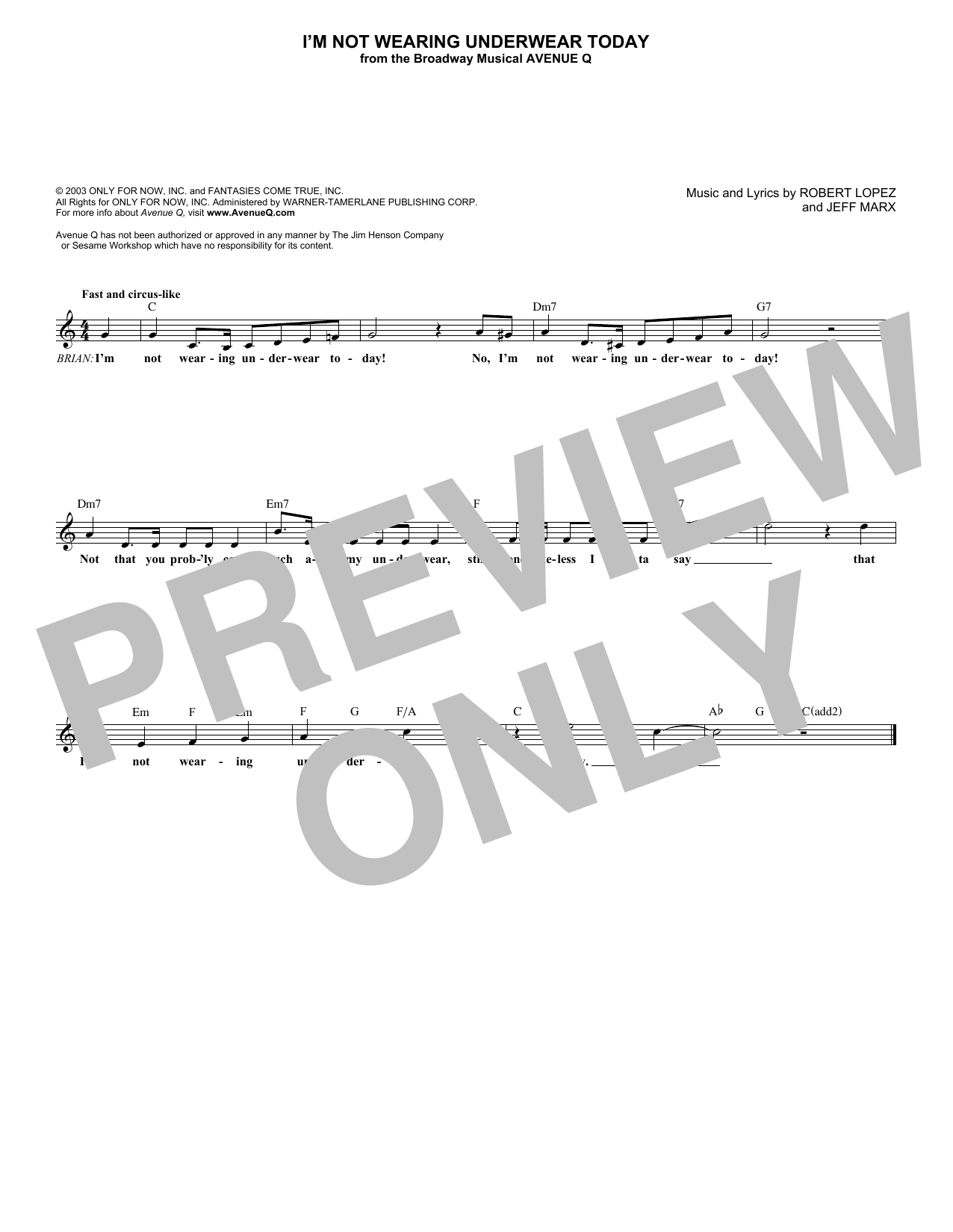 Jeff Marx I'm Not Wearing Underwear Today (from Avenue Q) sheet music notes and chords arranged for Lead Sheet / Fake Book