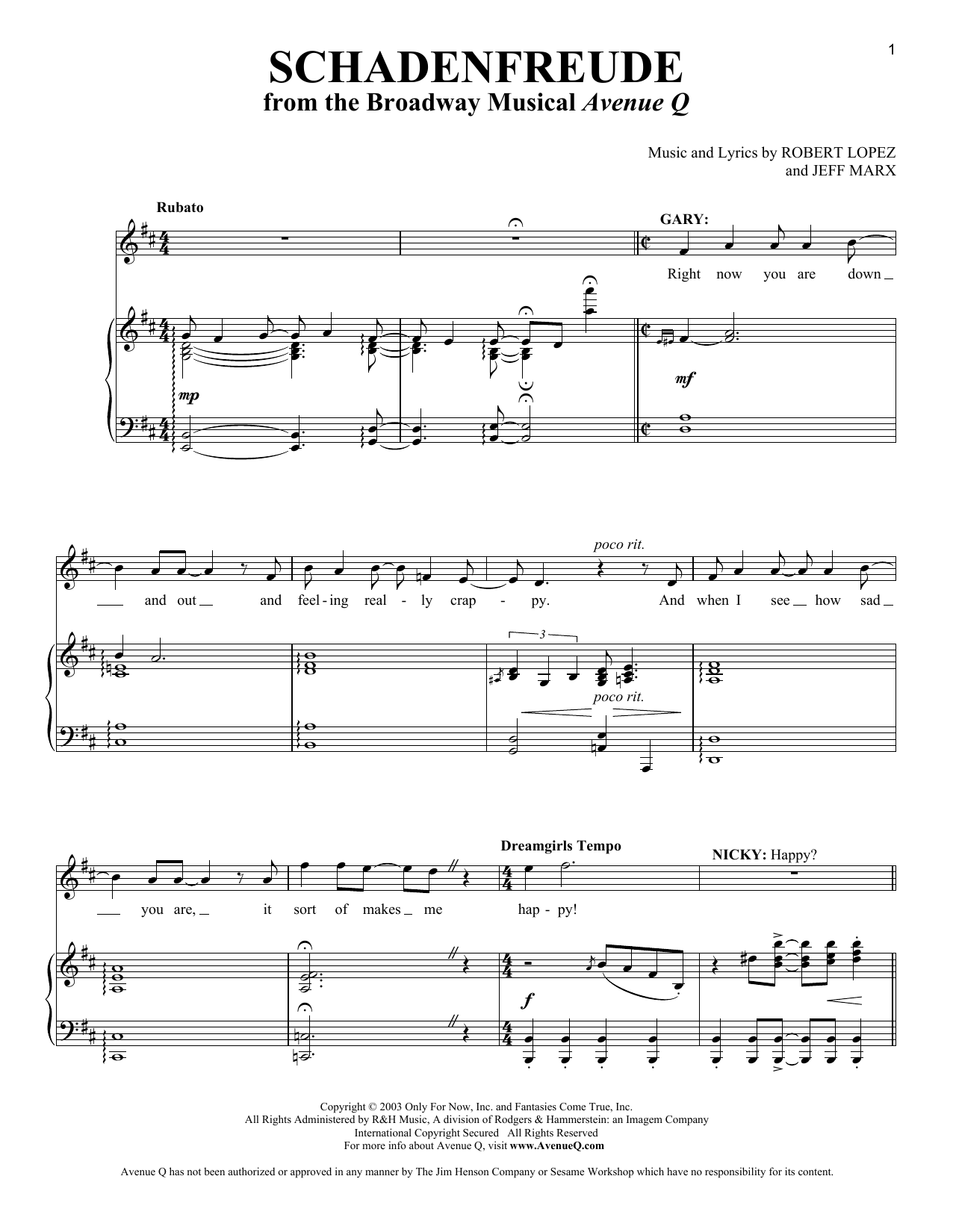 Jeff Marx Schadenfreude sheet music notes and chords arranged for Vocal Duet