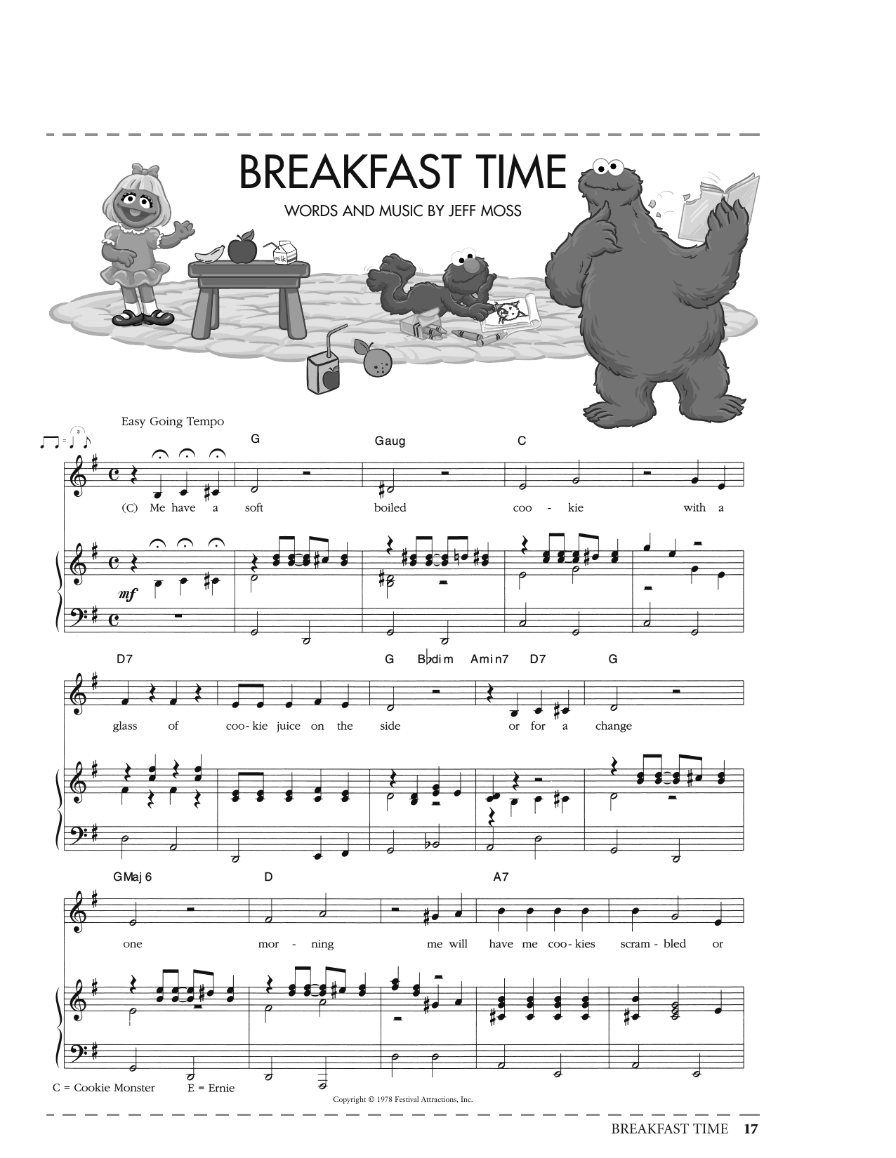 Jeff Moss Breakfast Time (from Sesame Street) sheet music notes and chords arranged for Piano, Vocal & Guitar Chords (Right-Hand Melody)