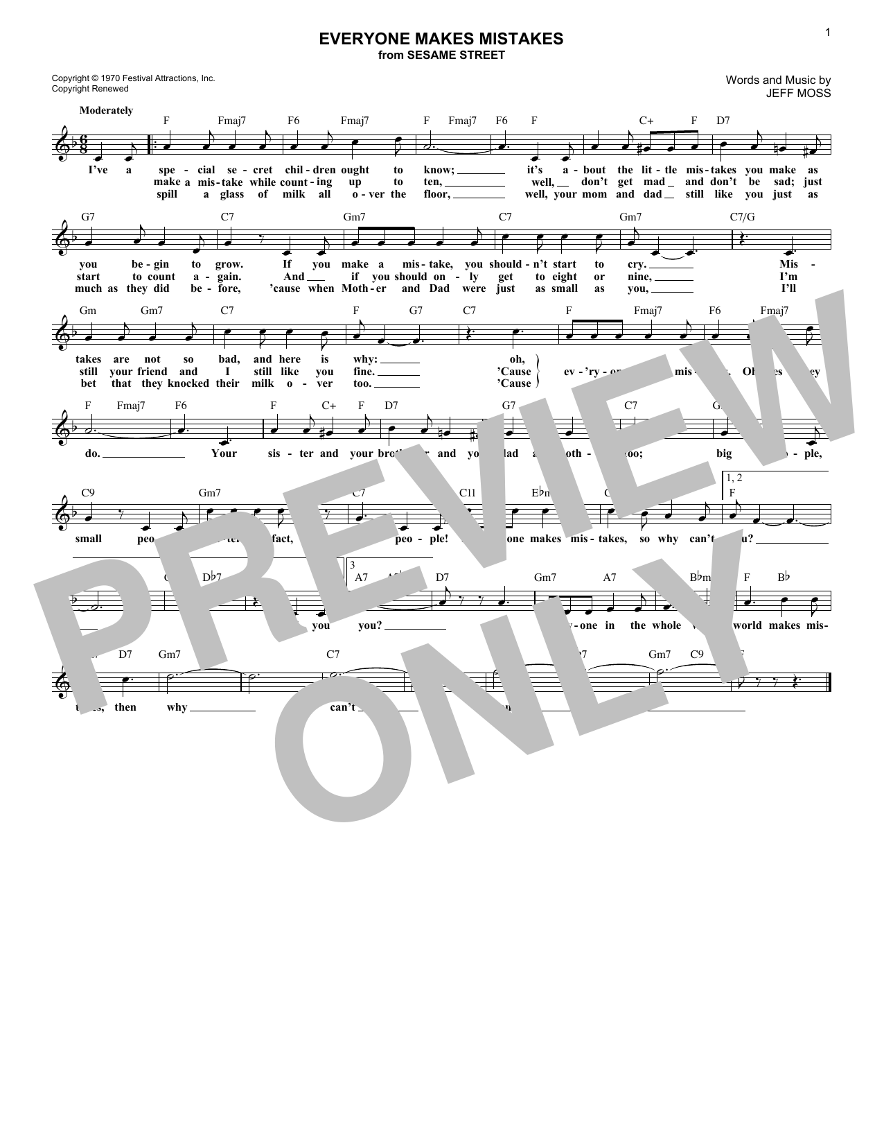 Jeff Moss Everyone Makes Mistakes (from Sesame Street) sheet music notes and chords arranged for Lead Sheet / Fake Book