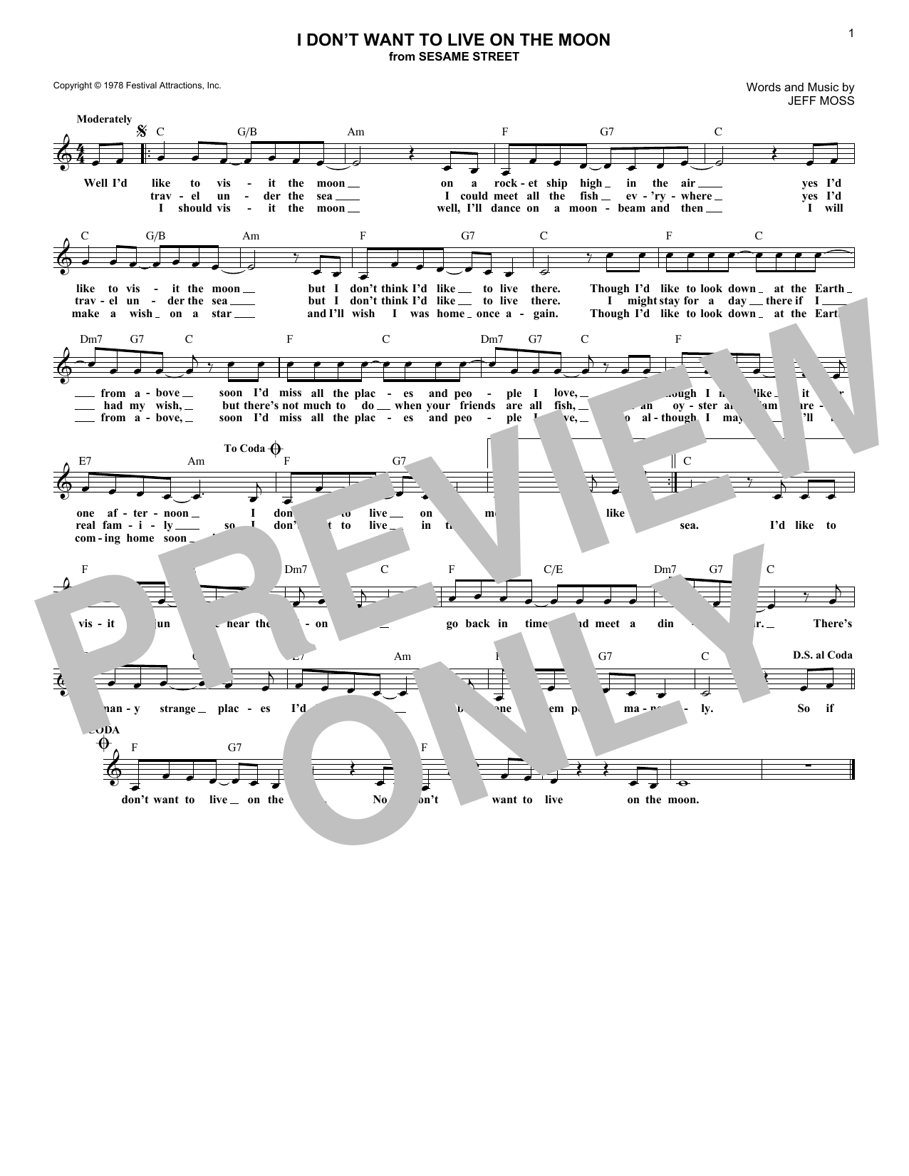 Jeff Moss I Don't Want To Live On The Moon (from Sesame Street) sheet music notes and chords arranged for Lead Sheet / Fake Book