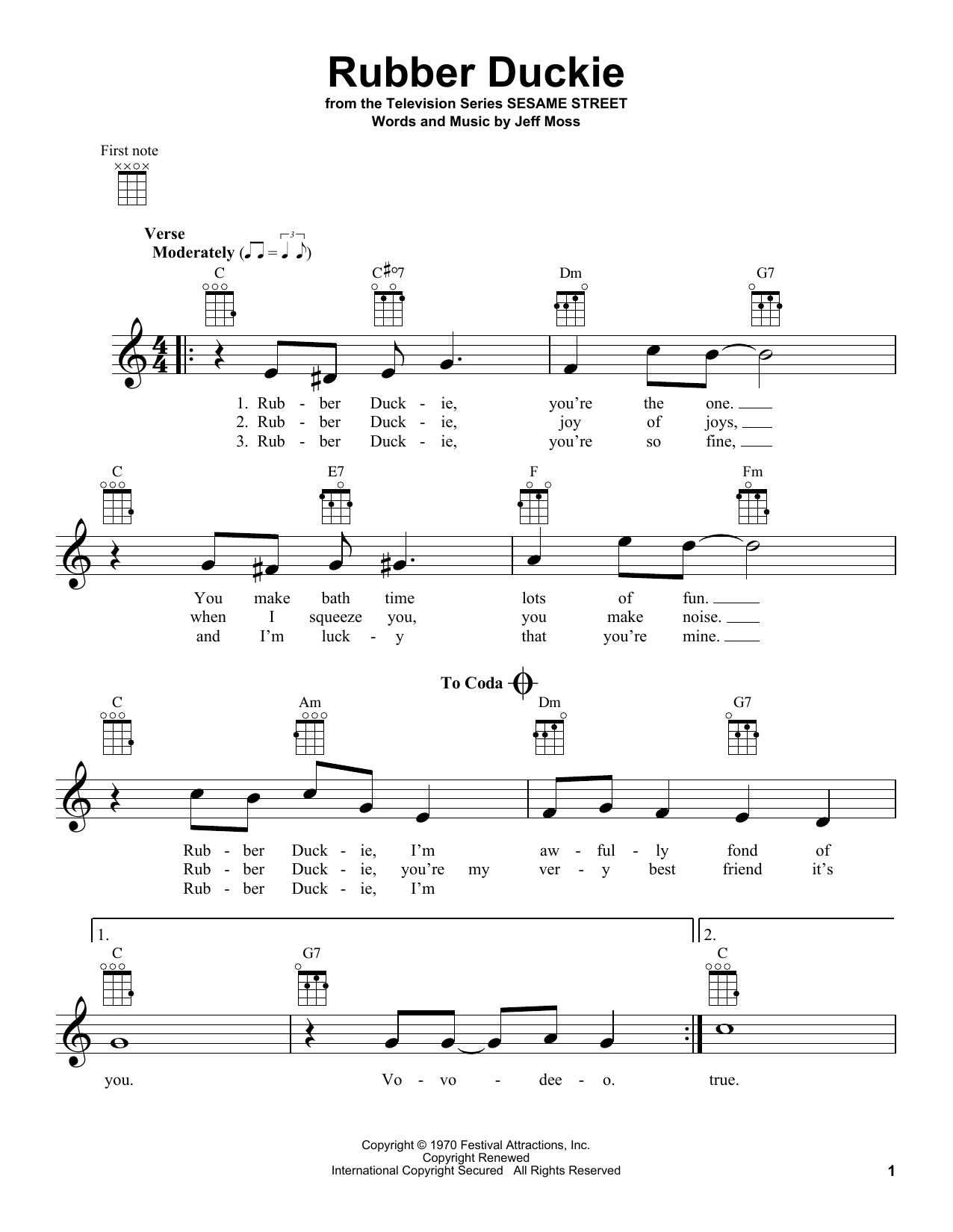 Jeff Moss Rubber Duckie (from Sesame Street) sheet music notes and chords arranged for Ukulele