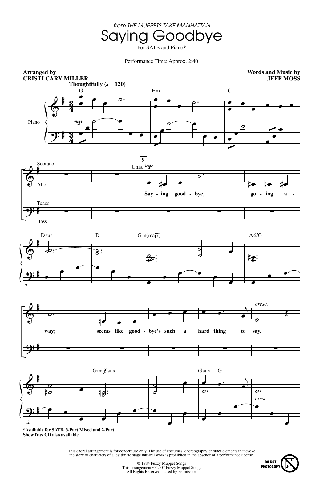 Jeff Moss Saying Goodbye (from The Muppets Take Manhattan) (arr. Cristi Cary Miller) sheet music notes and chords arranged for SATB Choir