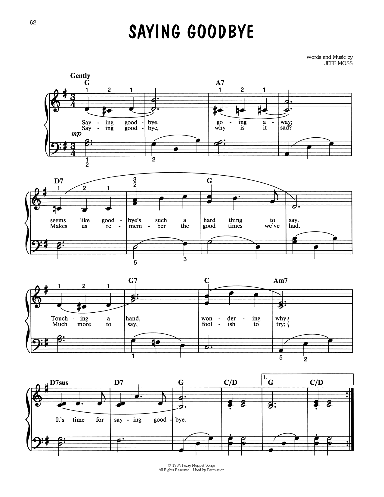 Jeff Moss Saying Goodbye (from The Muppets Take Manhattan) sheet music notes and chords arranged for Piano, Vocal & Guitar Chords (Right-Hand Melody)