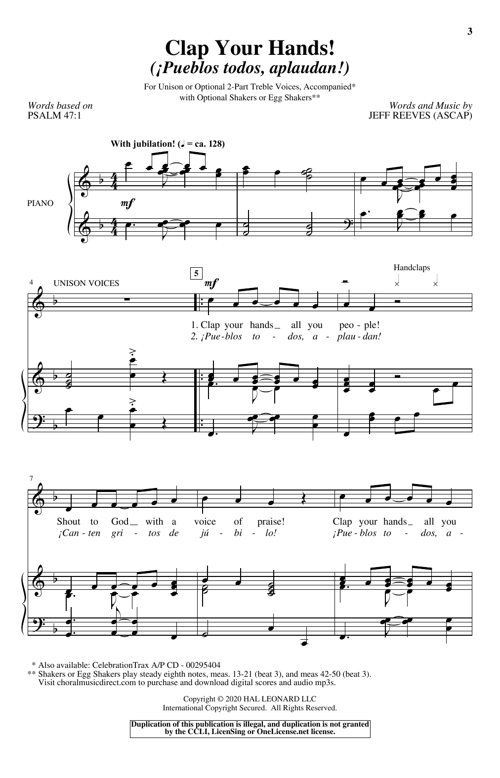 Jeff Reeves Clap Your Hands! (Pueblo todos, aplaudan!) sheet music notes and chords arranged for Unison Choir