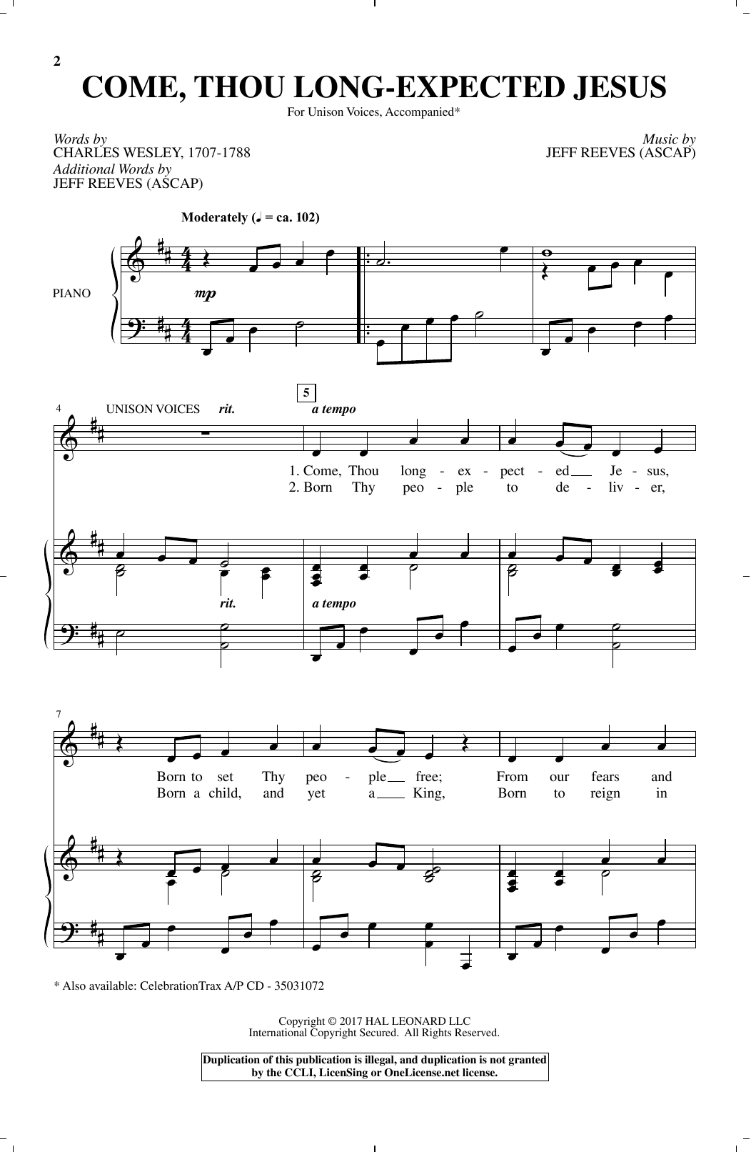 Jeff Reeves Come, Thou Long-Expected Jesus sheet music notes and chords arranged for Unison Choir