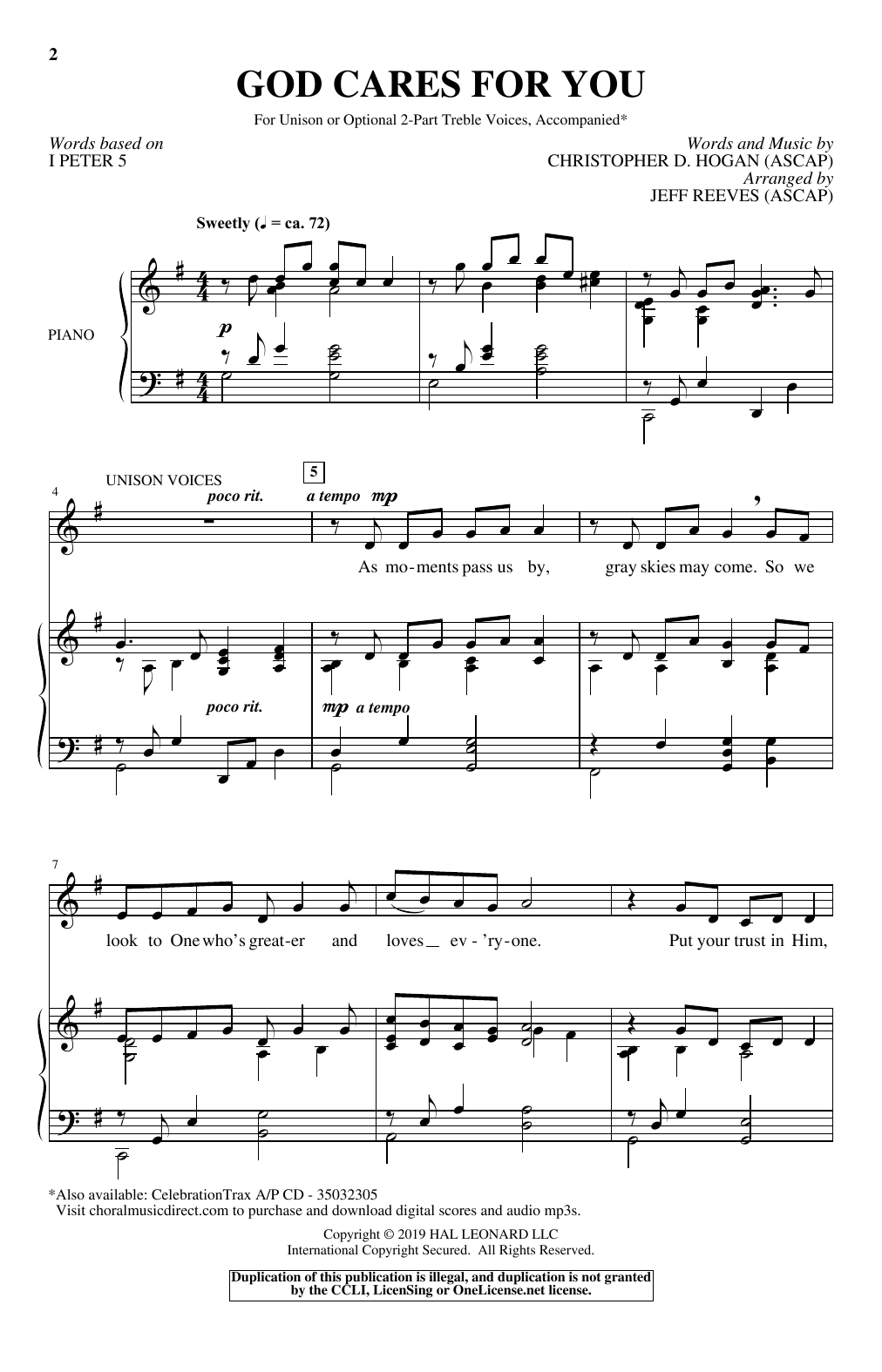 Jeff Reeves God Cares For You sheet music notes and chords arranged for Unison Choir