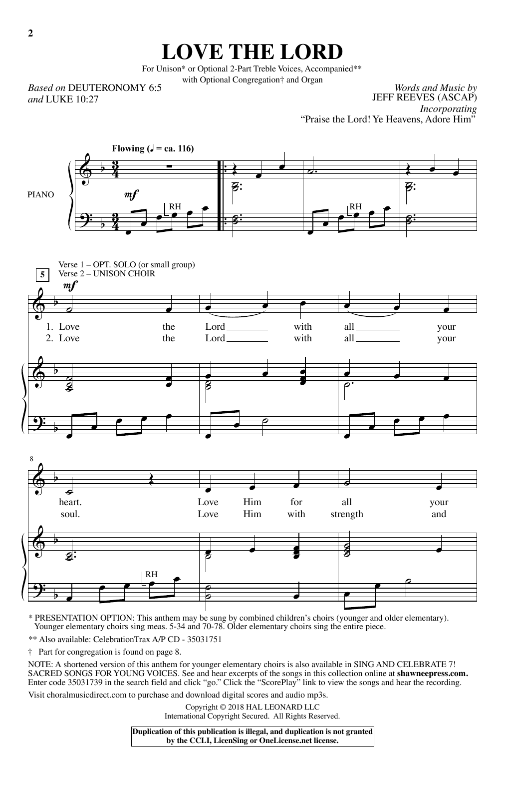 Jeff Reeves Love The Lord sheet music notes and chords arranged for Unison Choir