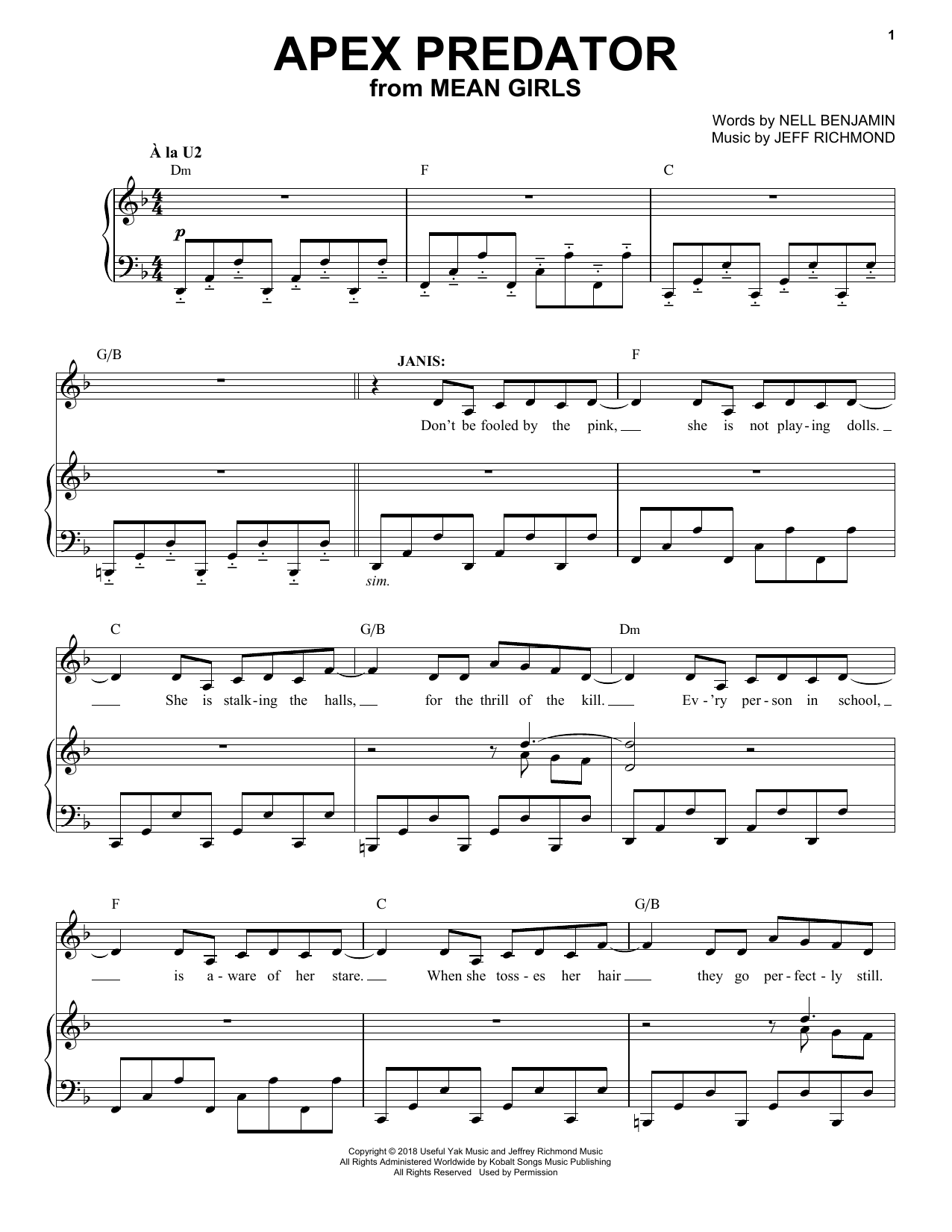Jeff Richmond & Nell Benjamin Apex Predator (from Mean Girls: The Broadway Musical) sheet music notes and chords arranged for Easy Piano