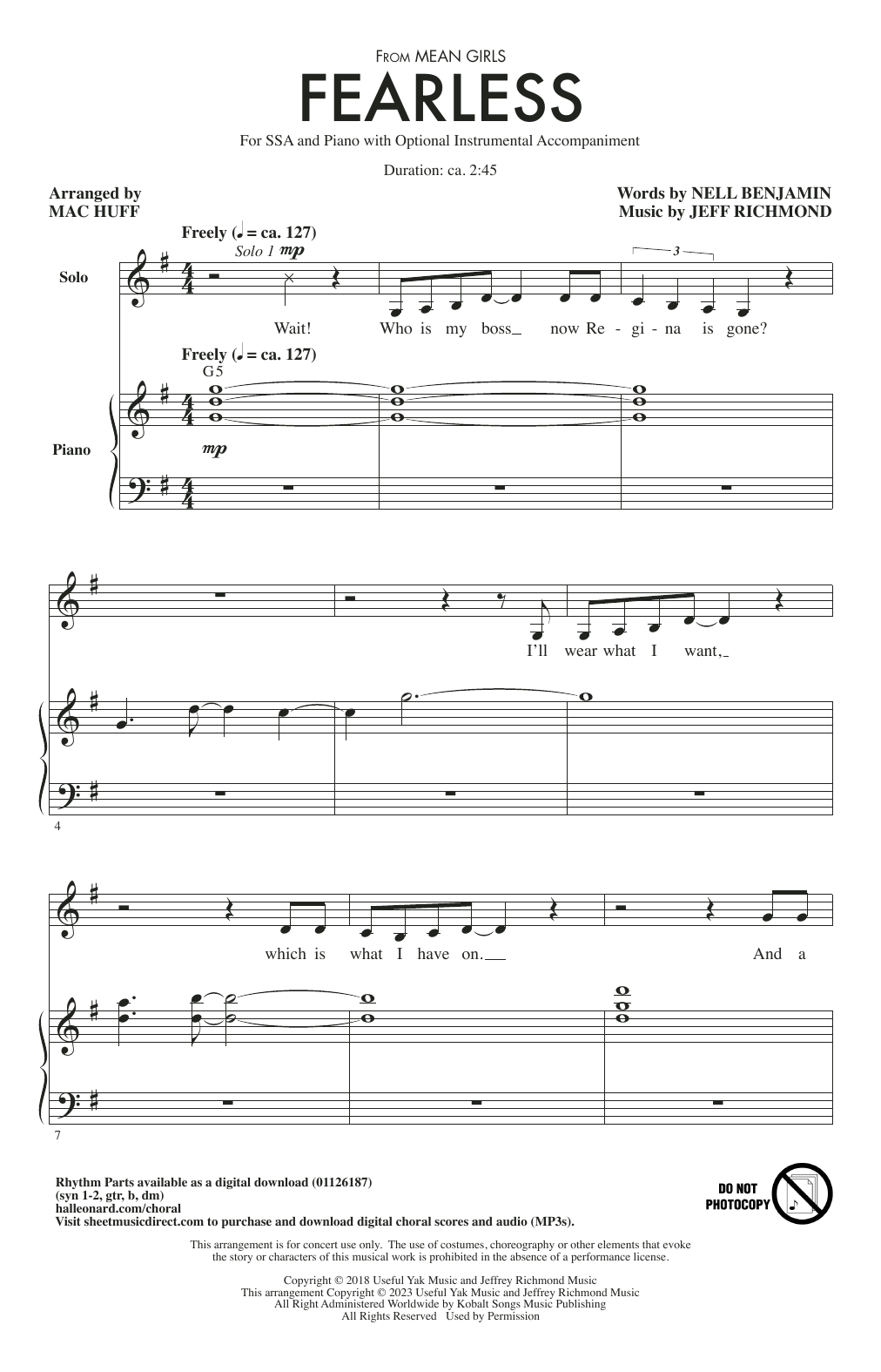 Jeff Richmond & Nell Benjamin Fearless (from Mean Girls: The Broadway Musical) (arr. Mac Huff) sheet music notes and chords arranged for SSA Choir
