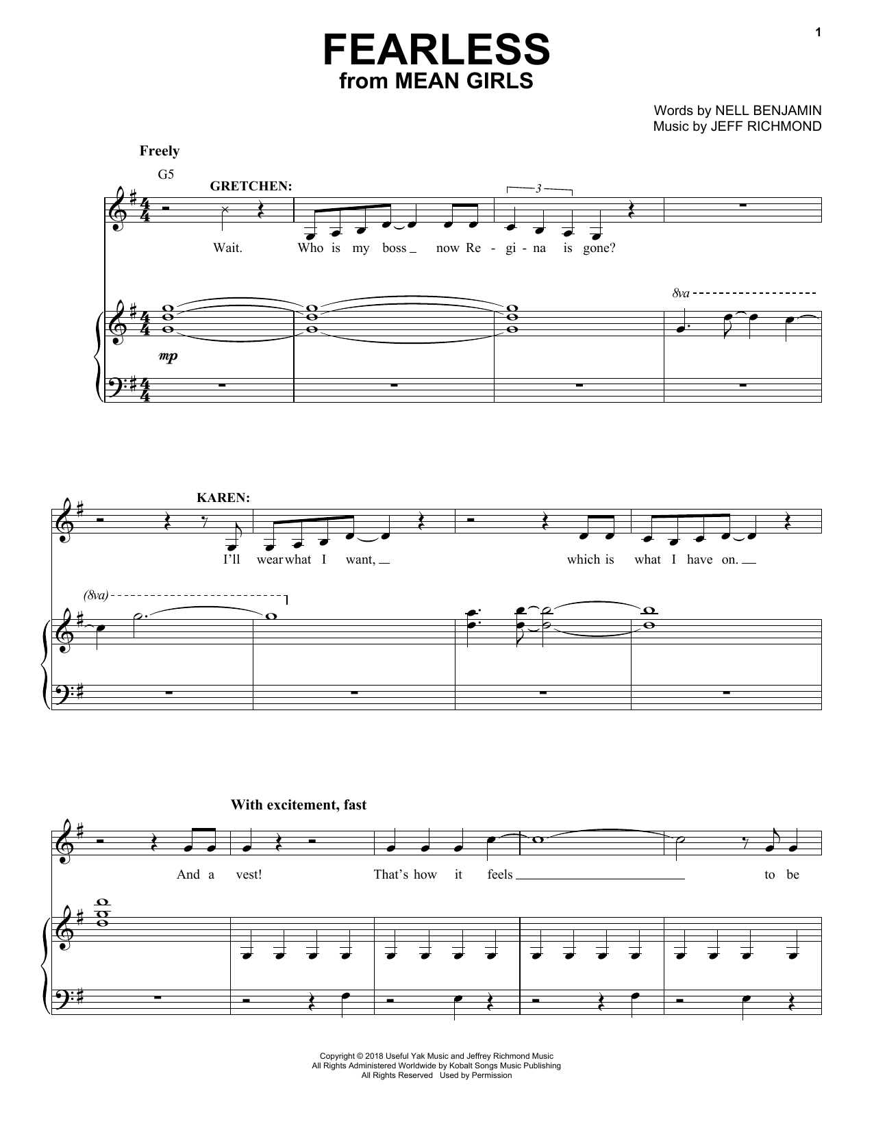 Jeff Richmond & Nell Benjamin Fearless (from Mean Girls: The Broadway Musical) sheet music notes and chords arranged for Piano & Vocal
