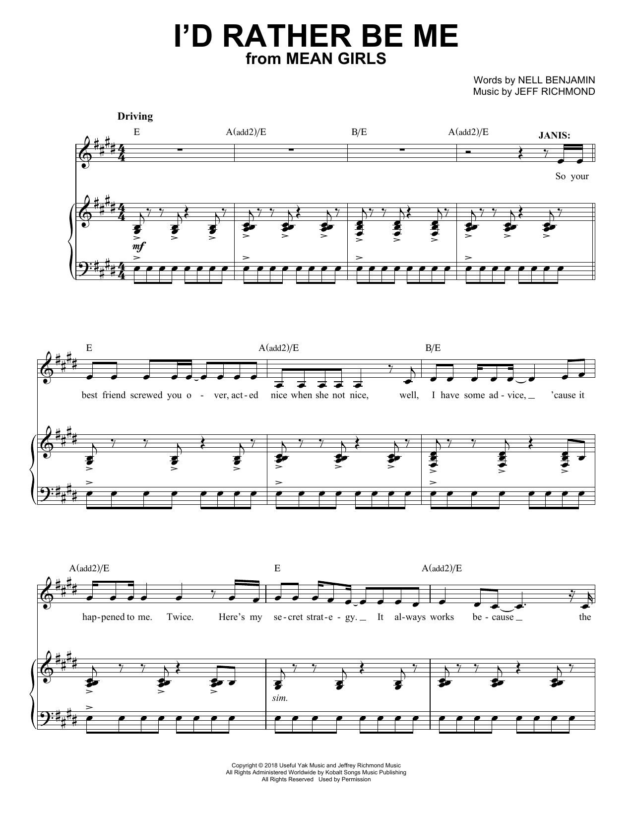 Jeff Richmond & Nell Benjamin I'd Rather Be Me (from Mean Girls: The Broadway Musical) sheet music notes and chords arranged for Piano & Vocal