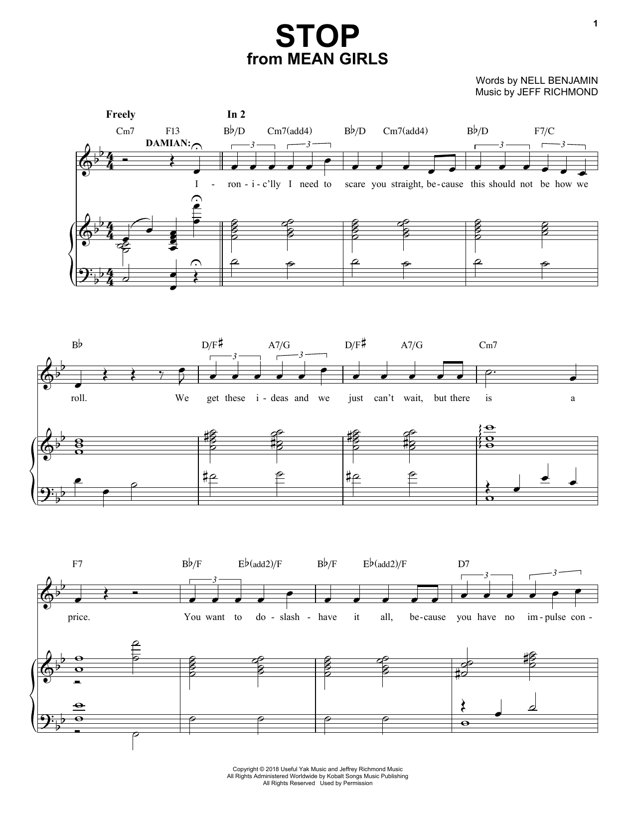 Jeff Richmond & Nell Benjamin Stop (from Mean Girls: The Broadway Musical) sheet music notes and chords arranged for Piano & Vocal