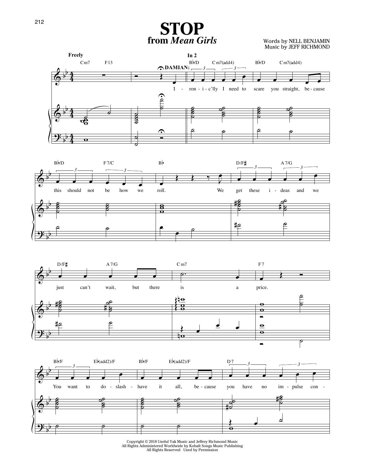 Jeff Richmond & Nell Benjamin Stop [Solo version] (from Mean Girls: The Broadway Musical) sheet music notes and chords arranged for Piano & Vocal