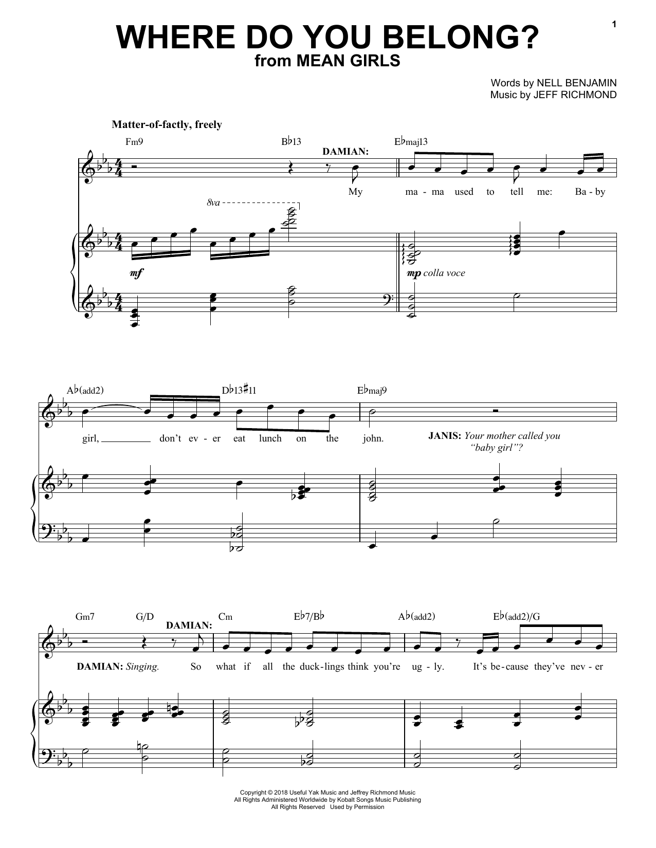 Jeff Richmond & Nell Benjamin Where Do You Belong? (from Mean Girls: The Broadway Musical) sheet music notes and chords arranged for Piano & Vocal