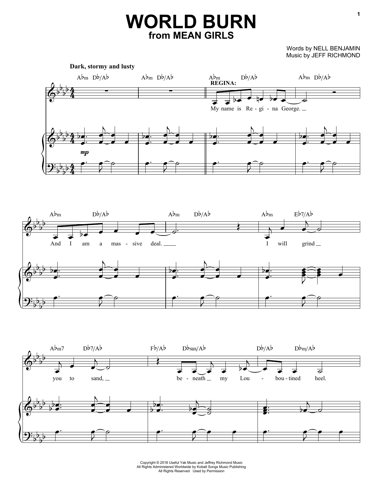 Jeff Richmond & Nell Benjamin World Burn (from Mean Girls: The Broadway Musical) sheet music notes and chords arranged for Piano & Vocal