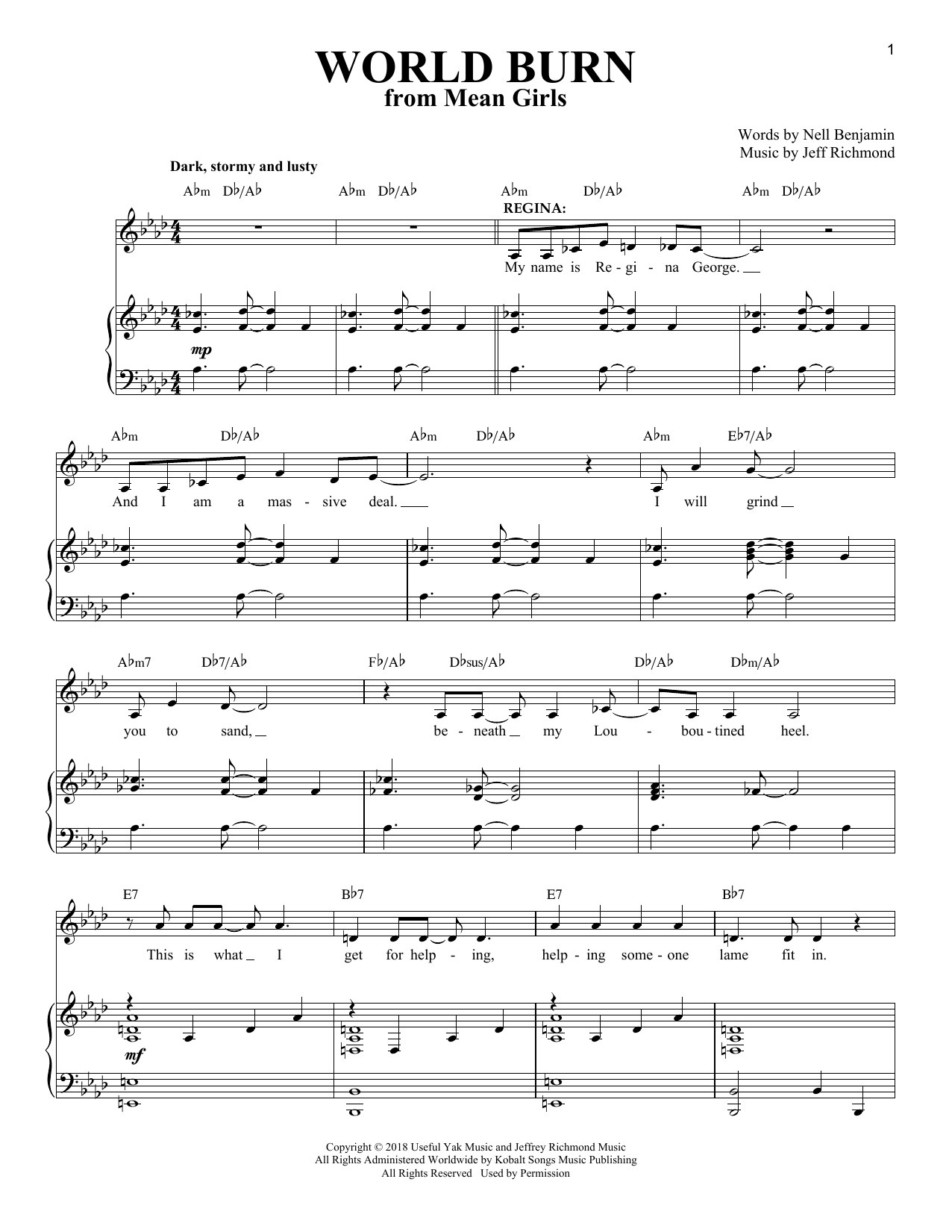 Jeff Richmond & Nell Benjamin World Burn (Solo Version) (from Mean Girls: The Broadway Musical) sheet music notes and chords arranged for Piano & Vocal