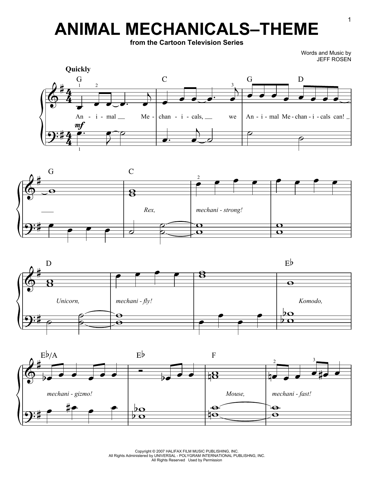 Jeff Rosen Animal Mechanicals - Theme sheet music notes and chords arranged for Easy Piano