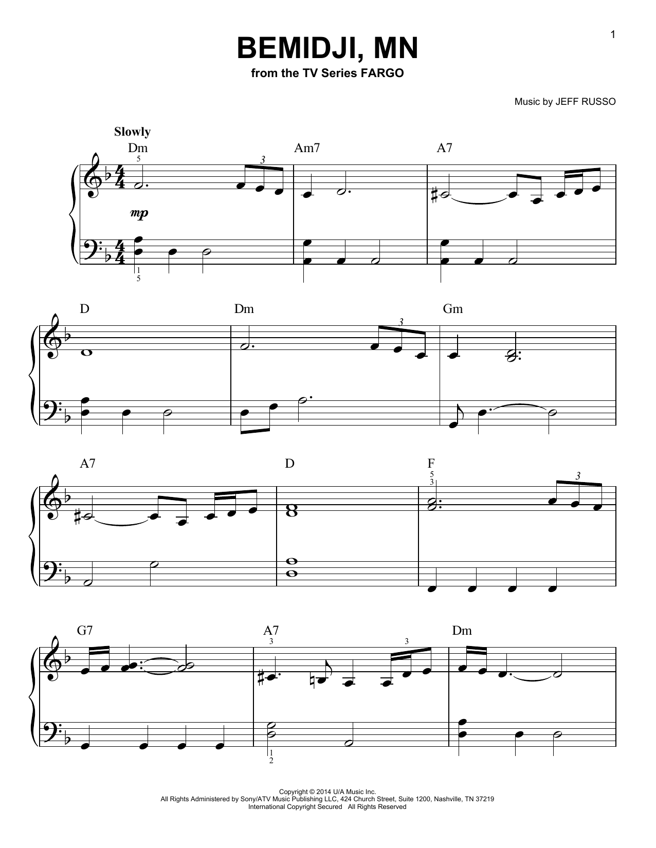 Jeff Russo Bemidji, MN (from Fargo) sheet music notes and chords arranged for Very Easy Piano