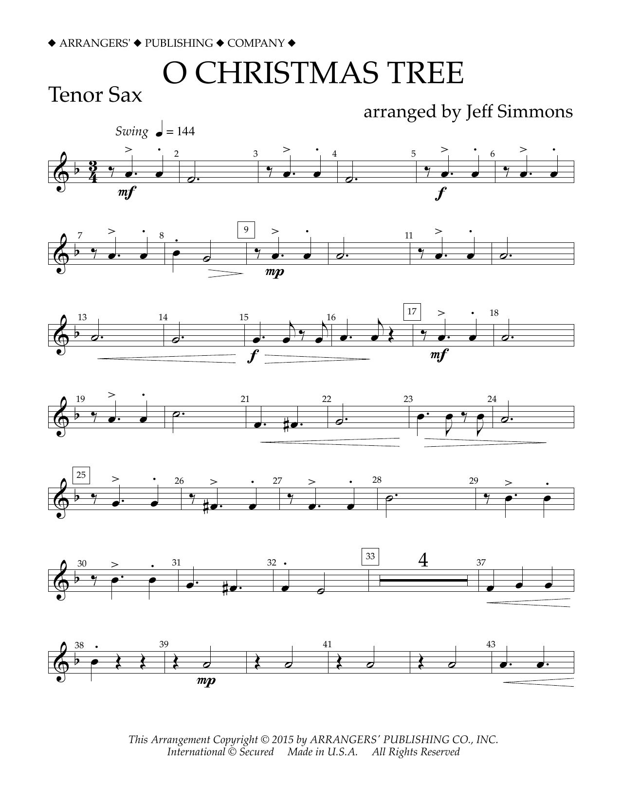 Jeff Simmons O Christmas Tree - Bb Tenor Saxophone sheet music notes and chords arranged for Concert Band