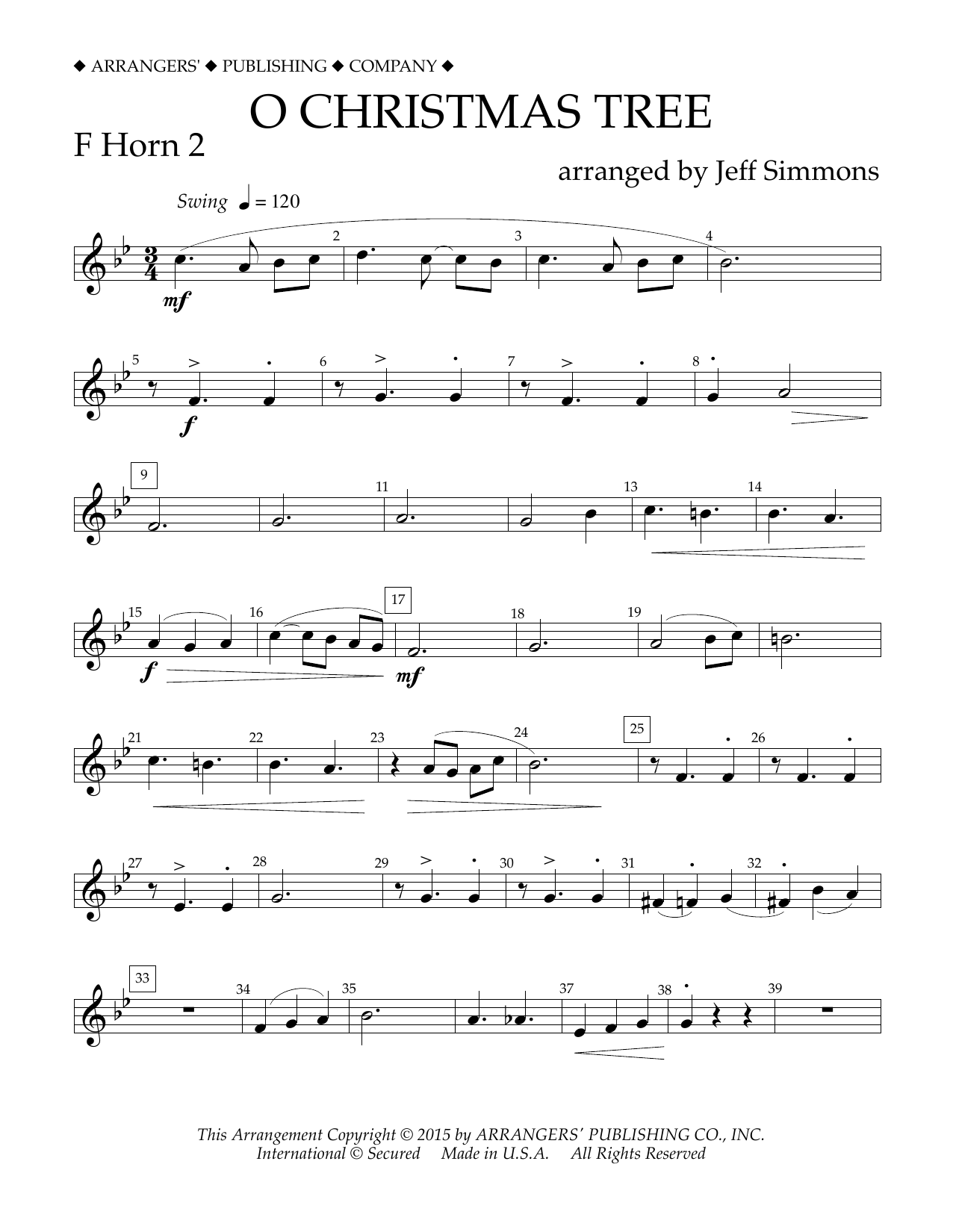 Jeff Simmons O Christmas Tree - F Horn 2 sheet music notes and chords arranged for Concert Band