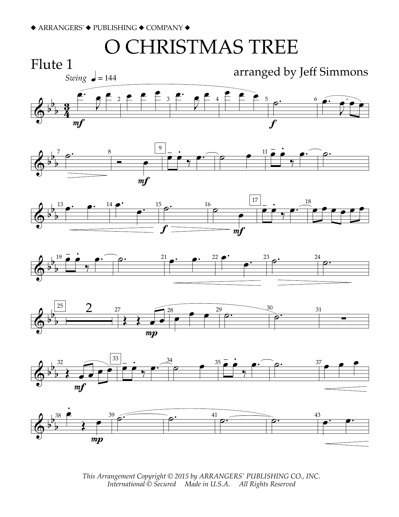 Jeff Simmons O Christmas Tree - Flute 1 sheet music notes and chords arranged for Concert Band