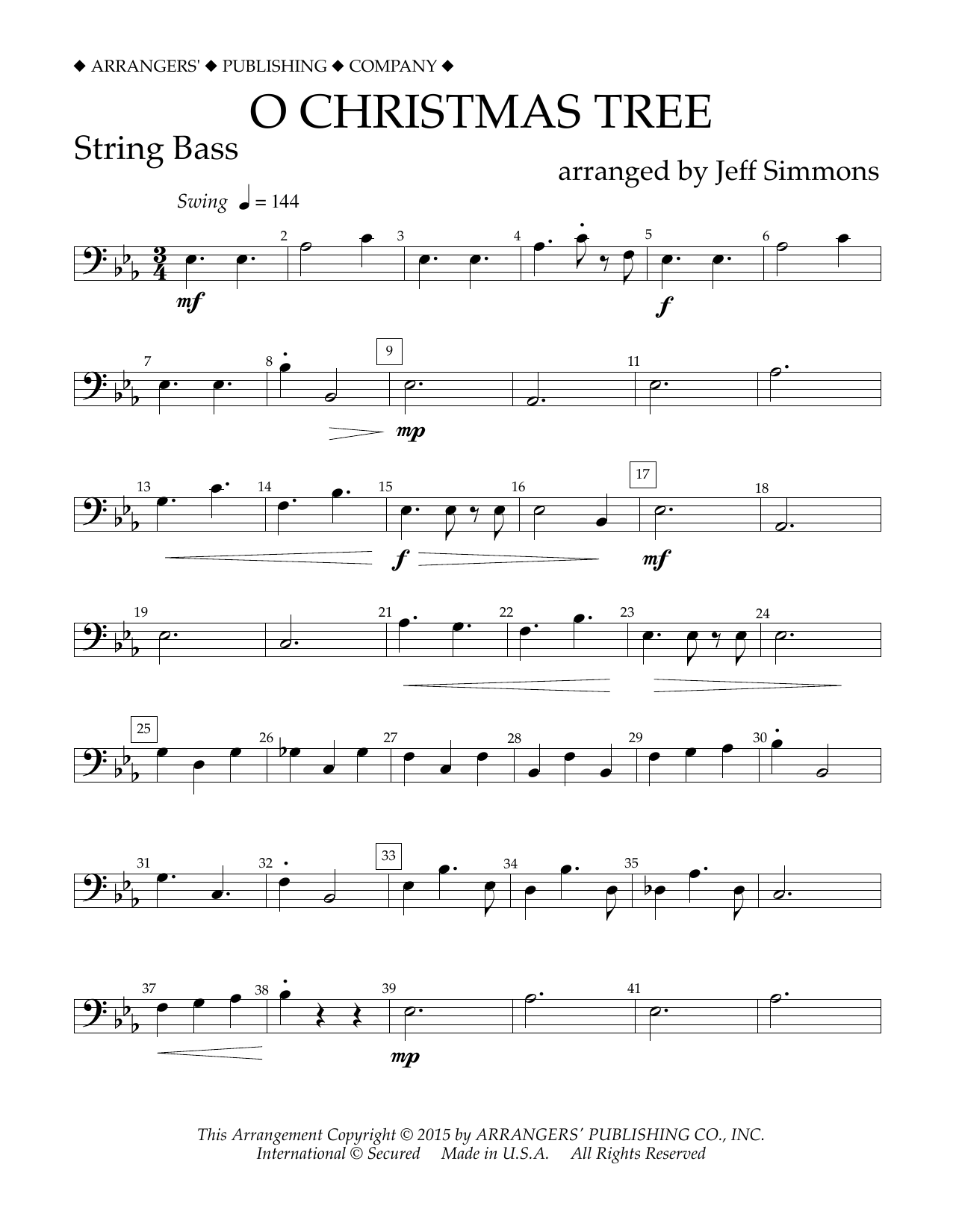 Jeff Simmons O Christmas Tree - String Bass sheet music notes and chords arranged for Concert Band
